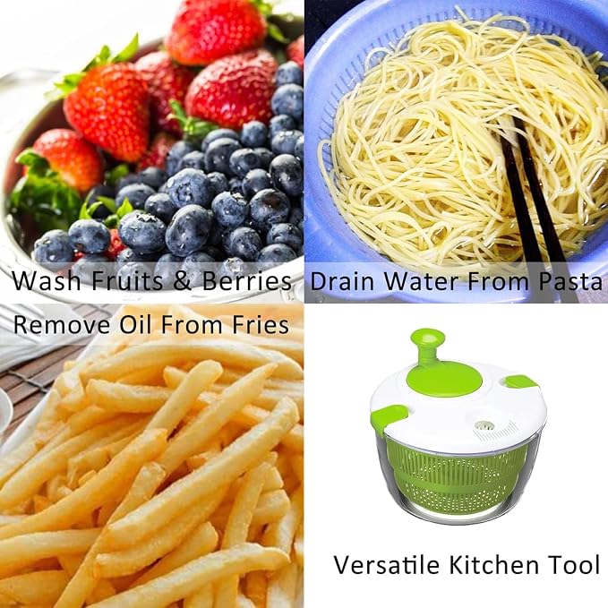 Large Salad Spinner 5 Quart, Manual Lettuce Dryer and Vegetable Washer with Easy Spin Handle, Removable Basket, Drain Bowl and Non-Slip Base for Salad, Greens, Fruits and Kitchen Prep