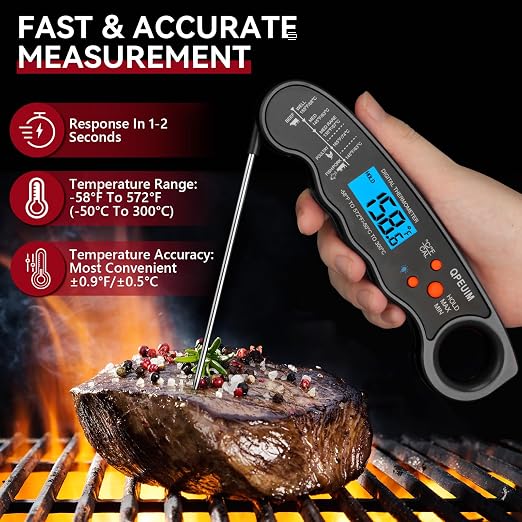 QPEUIM Meat Thermometer Digital Black | Instant Read Food Thermometer, Waterproof, Backlight, For Grilling, Cooking, BBQ, Deep Fry, Turkey, Candy