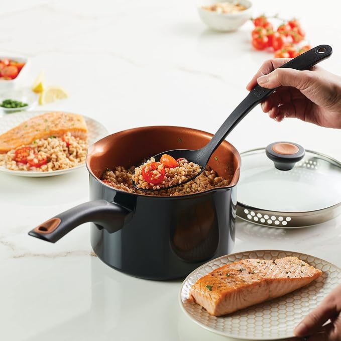 Farberware Glide Copper Ceramic Nonstick Straining Sauce Pan with Lid, 3-Quart, Black