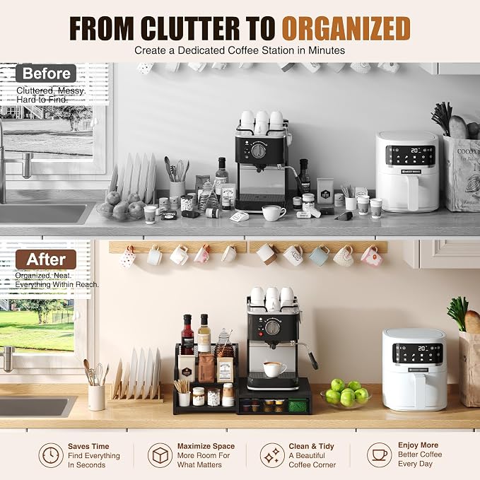 Coffee Station Organizer, 28-Pod K-Cup Holder, Coffee Bar Organizer Black | Coffee Pod Holder Drawer for Countertop,3-Tier Coffee Pod Organizer Stores Pods, Syrups, Cups & Coffee Accessories