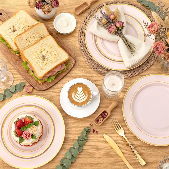 350PCS Pink Disposable Plates - Pink Plastic Plates 50Guests Plastic Dinnerware Sets with Rolled Napkins for Wedding/Birthday/Baby shower