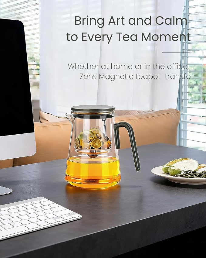ZENS Magnetic Teapot, 34oz Magic Glass Infuser Pot for Loose Tea Steeper | Glass Teapot with Infusers for Loose Tea Steeper, Echanted Tea Pot for Herbal Tea Lovers, Dark Green