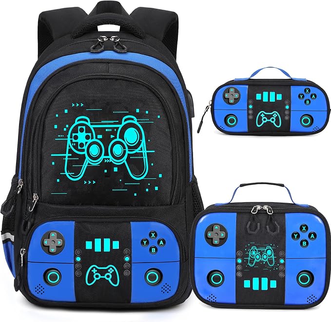 Backpack for School Boys, Cool Luminous Gamer Boys Schoolbag | with Lunch Box & Pencil Case Set for Kids Teens Elementary Middle School, Bookbag Glow In The Dark