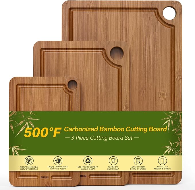 Bamboo Cutting Board for Kitchen, 3-Piece Set with Juice Grooves, Side Handles & Non-Slip Mats – Durable Bamboo Chopping Board for Meat, Vegetables and Fruits