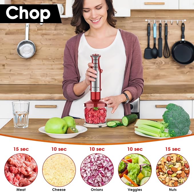 Blackcow Immersion Blender Handheld, Corded Hand Blenders Set 800W, 6 Speed Stick Blender 5 in 1 Stick Emulsifier with Chopper, Whisk and Frother for Soup, Baby Food and Smoothies, Red