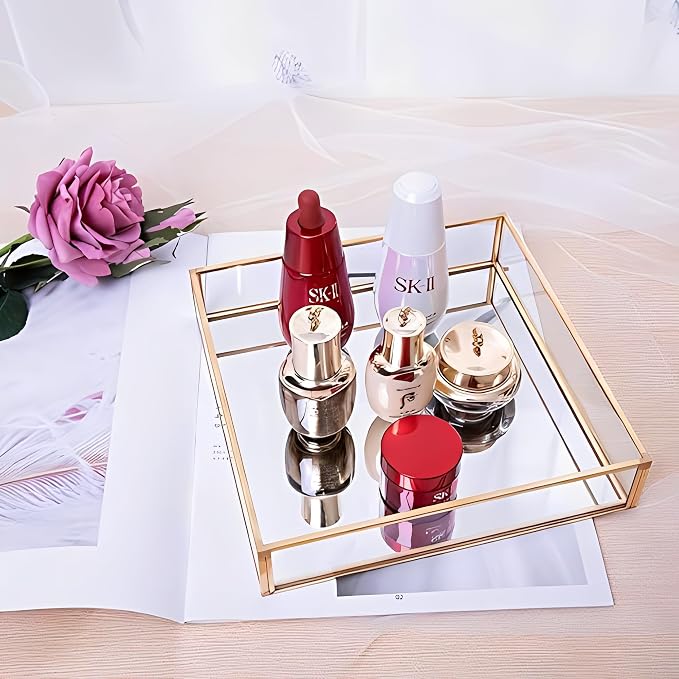 Sooyee Gold Square Mirror Tray, 8"x8" Metal and Glass Decorative Tray for Jewelry, Perfume, Makeup, Vanity, Dresser, Bathroom, Bedroom, Office, Coffee Table