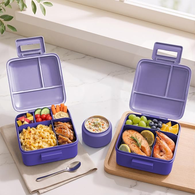 MAISON HUIS Bento Lunch Box with 8oz Soup Thermo, 5-Compartment Leak-Proof Container, Thermo Hot Food Jar and Insulated Lunch Bag, BPA Free,Travel, School (Purple)