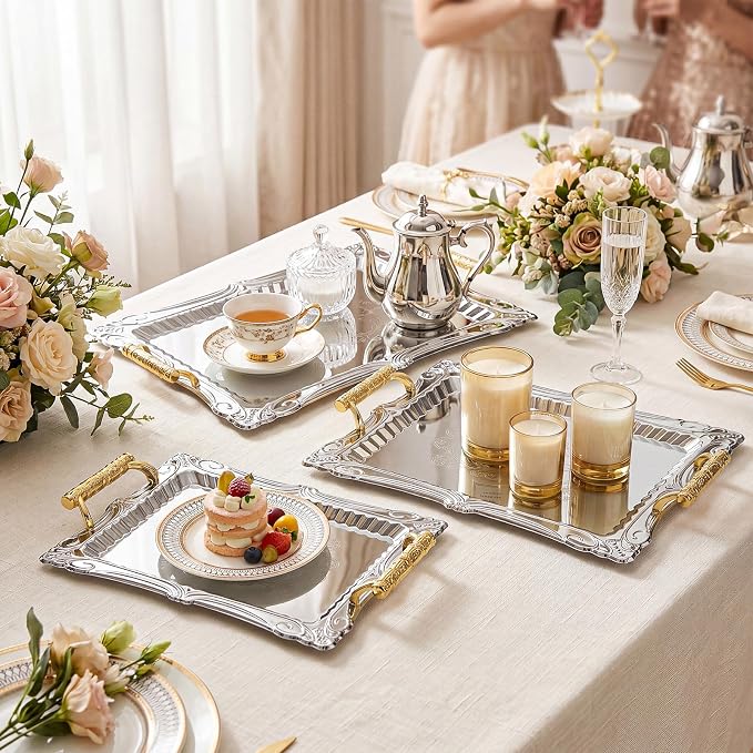3 Pack Metal Serving Trays with Handles, Decorative Floral Platter Trays for Coffee Tea, Food, Dessert, Jewelry, for Buffet Wedding Party Kitchen Home Decor(Flower,Black, Gold)