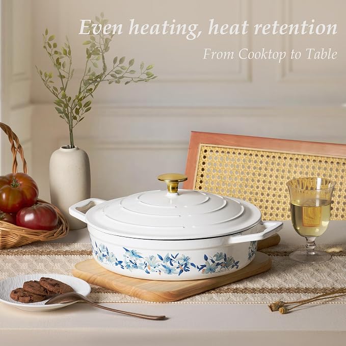 CAROTE 3.5QT Enameled Cast Iron Braiser Pan, Shallow Floral Dutch Oven Casserole Skillets, Non-Toxic Cast Iron Pot with Lid for Baking, Dual Handles, All Stovetop Compatible, White & Blue