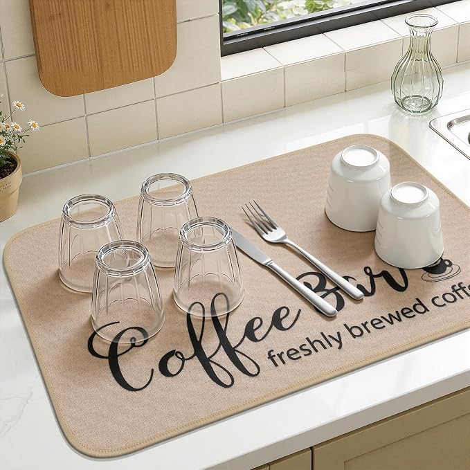Findosom Dish Drying Mat, 16"x 24" Super Absorbent & Hide Stain Coffee Mat, Cuttable Drying Mat for Kitchen Counter, Coffee Bar Accessories, Under Dish Rack, Coffee Maker, Espresso Machine, Linen