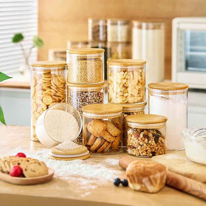 HomArtist Glass Jars with Bamboo Lids 28 floz [Set of 8], Glass Canisters with Airtight Lids, Glass Food Storage Containers for Pasta, Oats, Coffee, Flour, Sugar, Rice, Best for Kitchen & Pantry | Pantry Jars for Pasta, Rice, Sugar & Flour, Durable Bor...