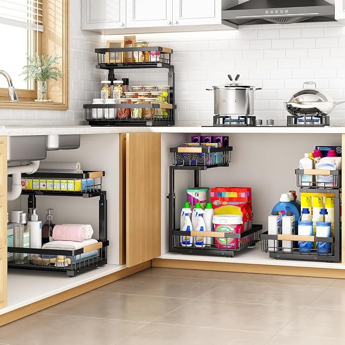 PXRACK Under Sink Organizer, Adjustable Height, 2 Tier Pull Out Under Cabinet Organizer, Slide Out Thickened Metal Under Sink Storage for Kitchen Bathroom Laundry Pantry Cabinet, Black, Large-2-Pack