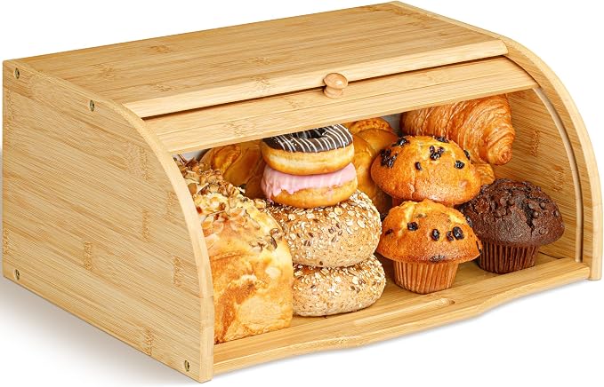 Bamboo Bread Box for Kitchen Countertop, Large Wooden Food Keeper W/Rolling Lid, Vintage Storage Bin for Bagels, Muffins, Cupcakes & Cookies | Golden Nature bread storage box with rolling lid, vintage food keeper for muffins, bagels, cookies, and cookies