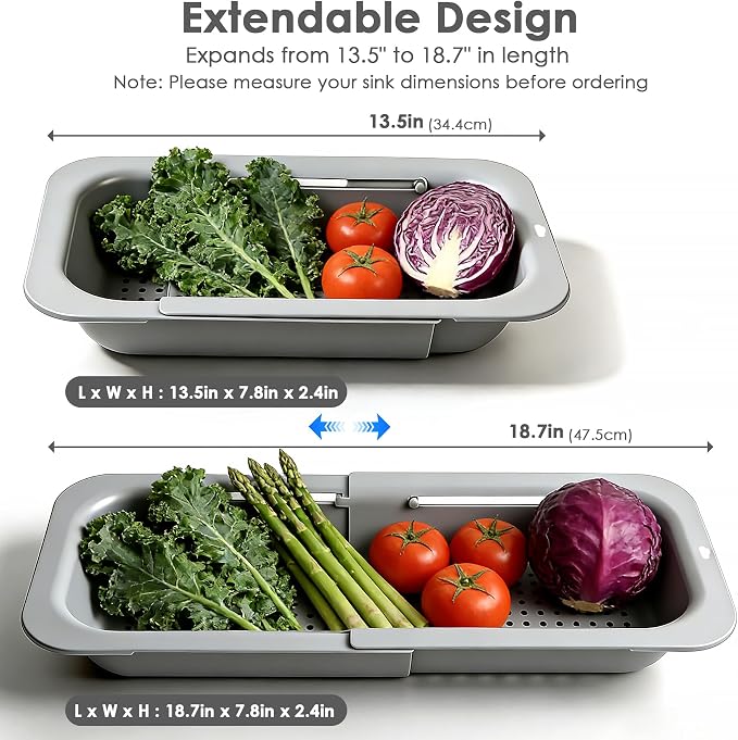 Extendable Colander Strainer Basket, Over the Sink Colander and Strainer for Kitchen, Wash Vegetables and Fruits, Drain Pasta and Dry Dishes, Adjustable Colander from 13.5In to 18.7In, Gray