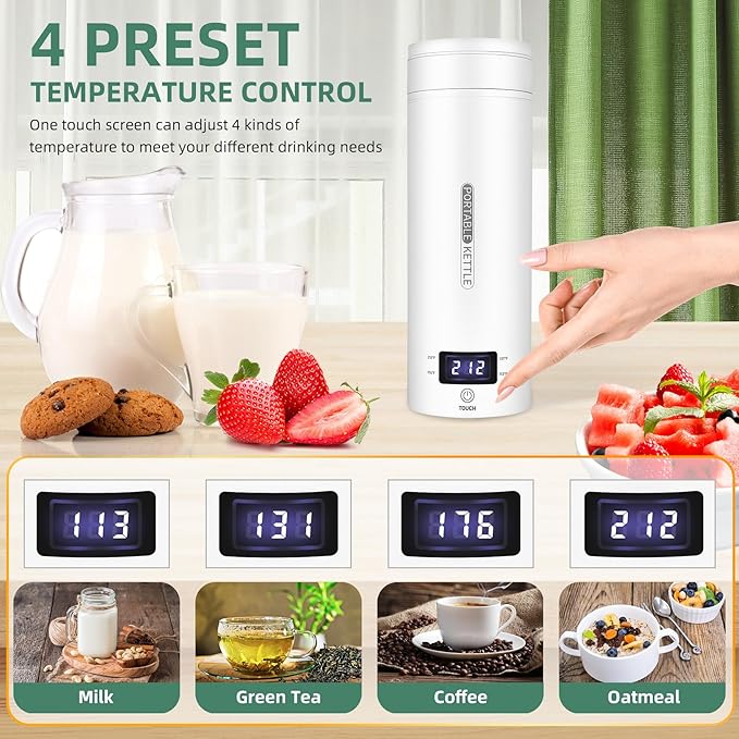 QRAGJBM Portable Electric Kettle Travel, 120V, 450ml, 4 Temperature Control | 304 Stainless Steel Lining, Auto Shut-Off, Boil Dry Protection, BPA-Free, Lightweight, For Hotel and Office (White)
