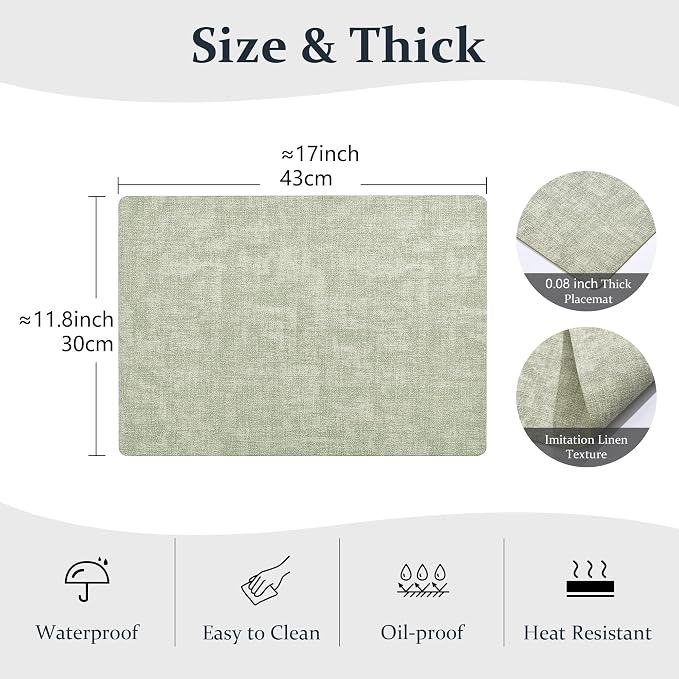 FROMHEART Faux Leather PU Placemats Set of 6 (Light Green,11.8" x 17") | Waterproof,Heat/Oil Stain-Resistant Table Mat–Reversible,Non-Slip,Easy to Clean Place Mats for Kitchen,Dining,Indoor/Outdoor