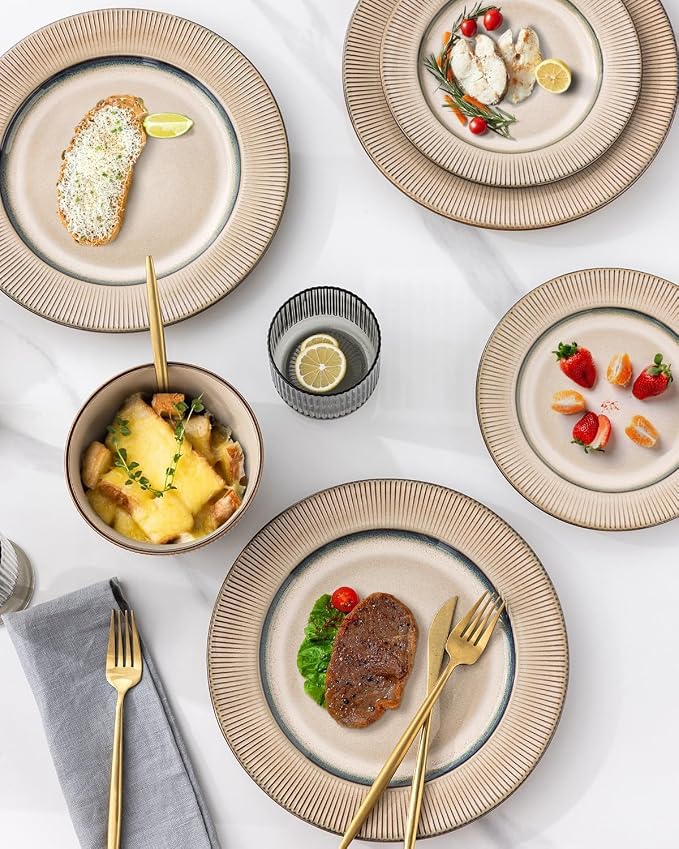 GBHOME Ceramic Dinnerware Sets of 8,24 pcs Plates and Bowls Sets Dishes | Embossed Elegant Stoneware Dishes Set | Dishwasher & Microwave Safe | Service for 4