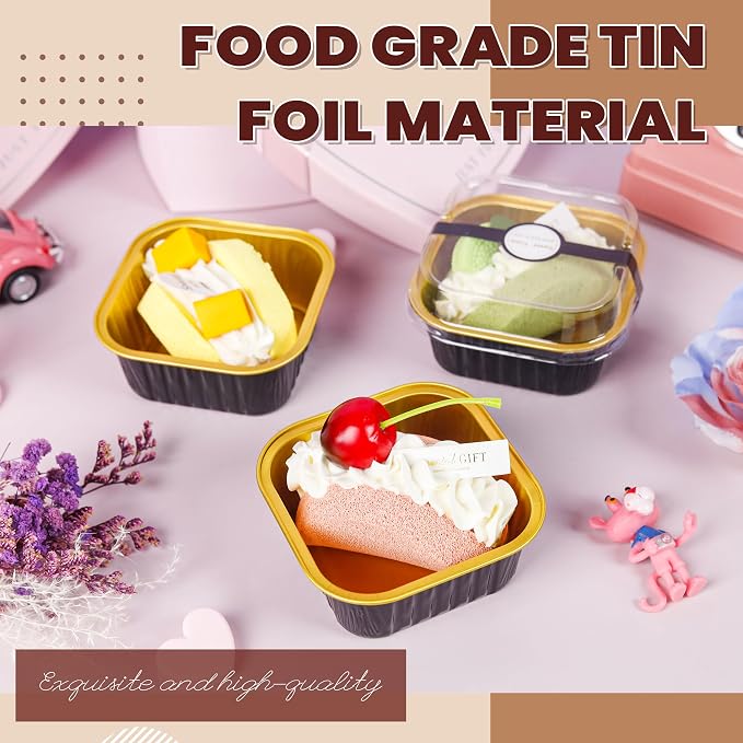 Square Foil Cups with Lids, 60 Pack Black Gold 5oz for Weddings | Use for brownies, mousse, cheesecake bites and chilled sweets; topping visibility supports counter display.