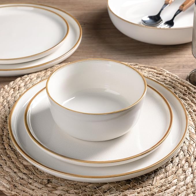 GBHOME Dinnerware Sets for 4, 12 Pieces Ceramic Plates and Bowls Set | Scratch Resistant Stoneware Dishes Set, Dishwasher & Microwave Safe, Reactive Glaze, Pearl White