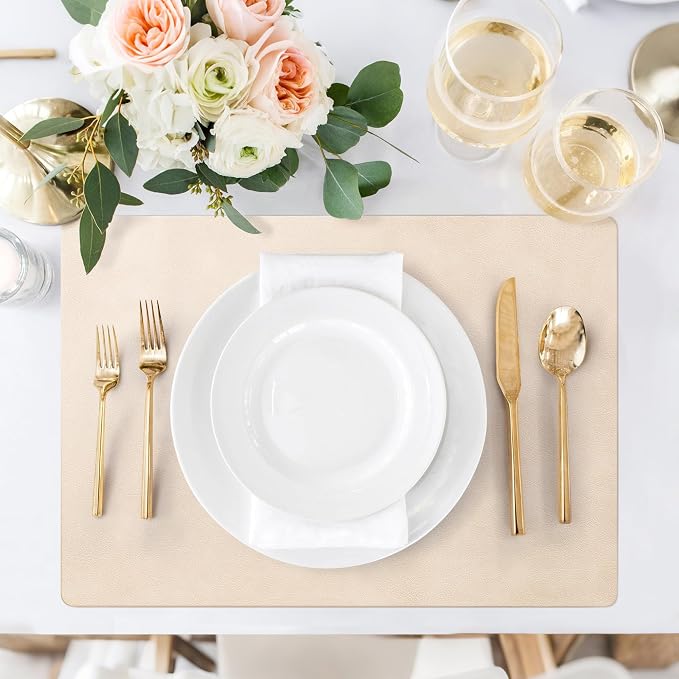 Roxifina Faux Leather Placemats Set of 6 - Vinyl Placemats Wipeable Waterproof Oil-Proof PU Place Mats Heat Resistant Reversible Table Mats for Dining, Kitchen, Outdoor, 12 x 17 Inch (Beige)
