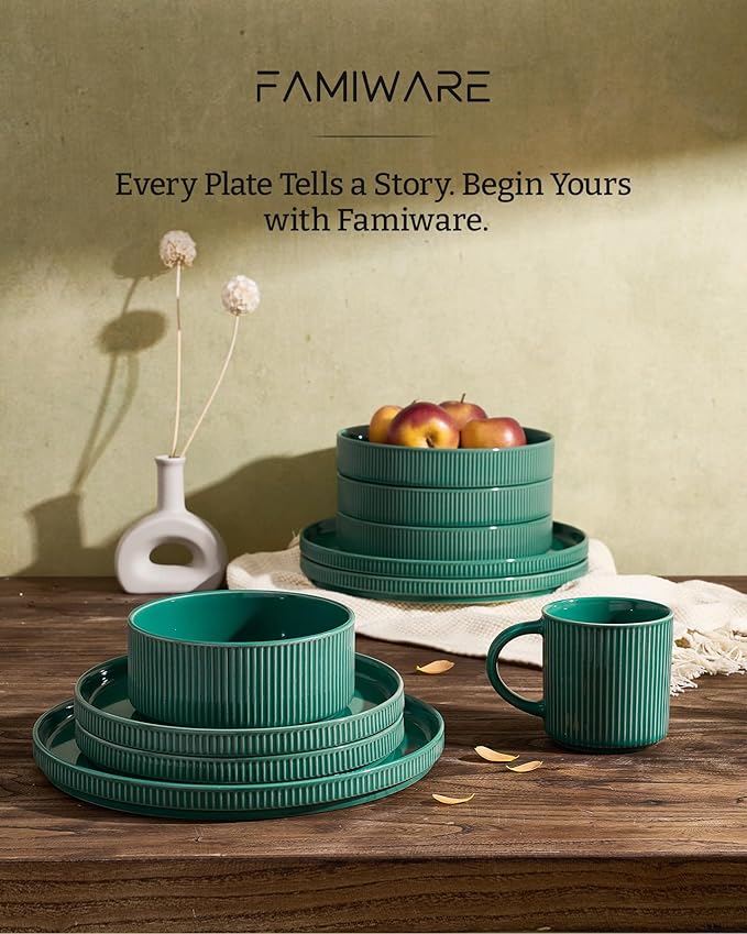 Famiware Stoneware Dinnerware Sets for 8, 24pc Rimmed Plates, Bowls, Dishes | Chip & Scratch Resistant Ceramic, Microwave & Dishwasher Safe, Everyday & Formal Use, Modern Rustic, Lipped Edges, Sage Green