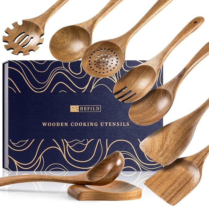 Wooden Spoons for Cooking, 9-Piece Acacia Wood Utensil Gift Set | Spoons and spatulas stir, mix, flip and serve; gift-ready box makes it ideal for housewarmings, weddings and new kitchens.