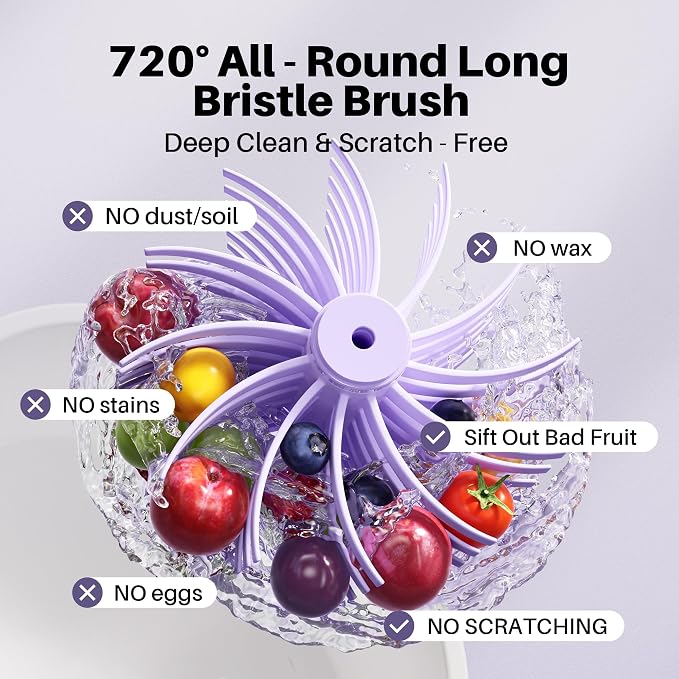 JOYMOOP Fruit Washer Spinner, Fruit Cleaner Spinner with Crank Handle, Hands-Free Fruit & Vegetable Washing Bowl, Manual Fruit Scrubber, Light Lavender