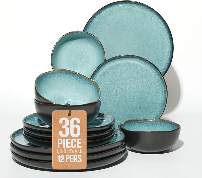 Extra Large Dinnerware Set for 12, 36 Pieces Ceramic Plates and Bowls Set, Kitchen Dish Set, Microwave & Dishwasher Safe Dishware, Ocean-Inspired Stoneware for Big Gatherings, Green Black