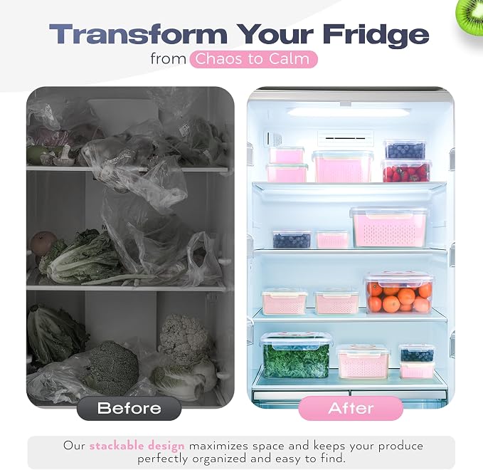Fruit Storage Containers for Fridge - Set of 4 - Airtight Lid Keeps Fresh - For Fruit & Vegetable Storage - Space-Saving Design - Ideal for Produce, Berries, Snacks - Pink