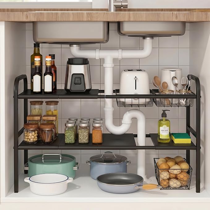 Expandable 2 Tier Under Sink Organizer, Black, 28.74-34.5 Inch Width | For Kitchen and Bathroom, 2 Storage Baskets, 6 Removable Panels, Adjustable Height Metal Shelf, Fits Pipes