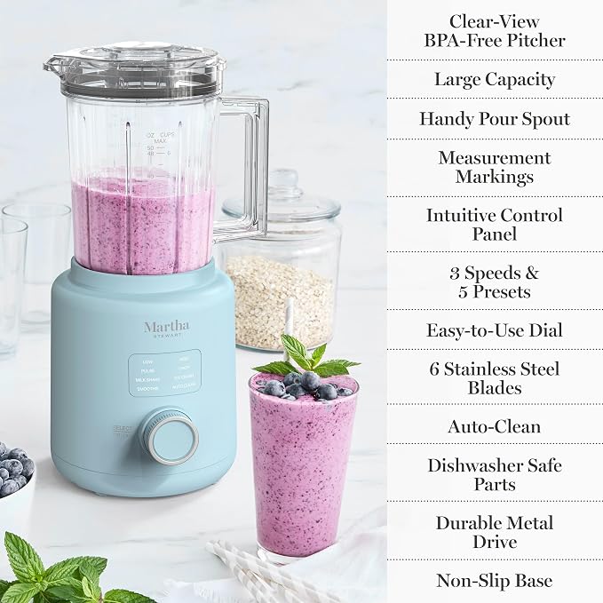 Martha Stewart 50oz Countertop Blender, 3 Speeds, 5 Presets, Sky Blue | BPA-Free Pitcher, Smoothies, Margaritas, Milkshakes & Ice Crushing, Stainless Steel Blades, Auto-Clean, Dishwasher-Safe Parts