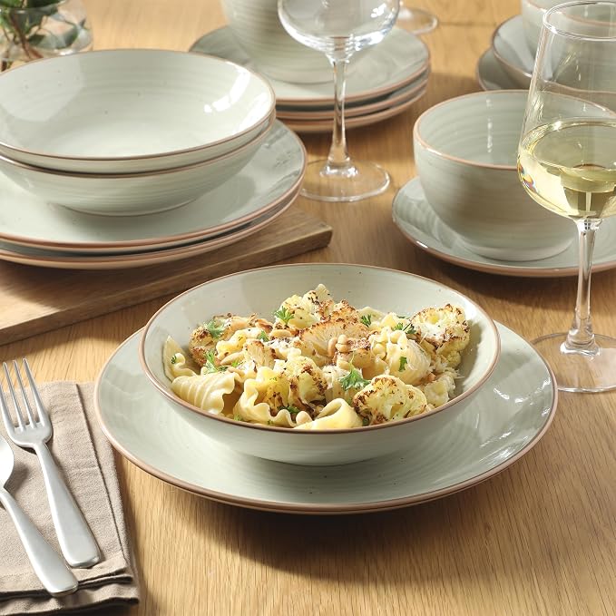 Gibson Home Stonebury 16 Piece Plates and Bowls Cream Grey Dishes - Handpainted Stoneware Dinnerware Set - Service for 4