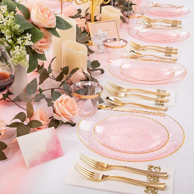 DaYammi 350PCS Clear Pink Plastic Dinnerware Set for 50 Guests, Hammered Disposable Plates for Party, Include: 50 Dinner Plates, 50 Dessert Plates, 150 Gold Silverware, 50 Napkins, 50 Cups
