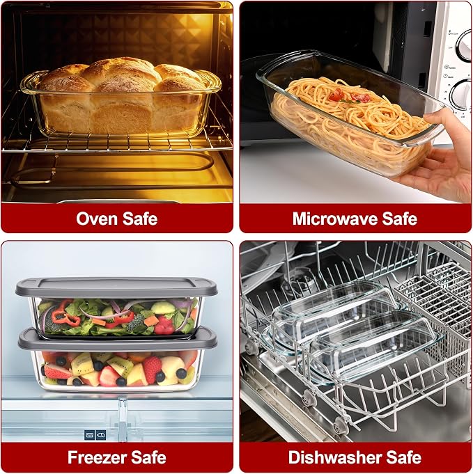 LOVYANXUE 2 Pack Glass Loaf Pan with Lid, 1.9QT/ 62 OZ Bread Pan - Baking Dish with Airtight Lids BPA free - Meatloaf Pans For Homemade Bread, Baking, Cakes, Dessert, Microwave & Oven Safe
