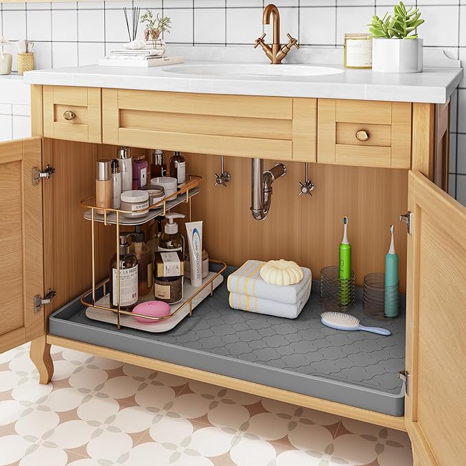 Jin&Bao Under Sink Mat 37" x 19" Waterproof Silicone Cabinet Kitchen Liner | Silicone under kitchen sink mat,cabinet protector,bathroom shelf liner,raised edge,anti-slip,easy to clean & dishwasher safe