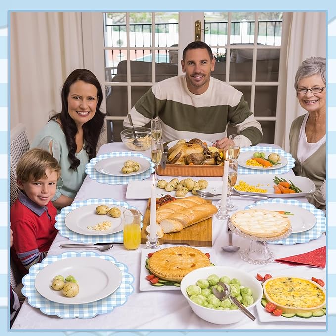 60 Pcs Blue Gingham Paper Placemats, Scalloped Blue Checkered Place Mat | 13.5 Inch Disposable Table Placemats Decorative Paper for Table Setting Baby Shower Wedding Bridal Banquet Tea Party