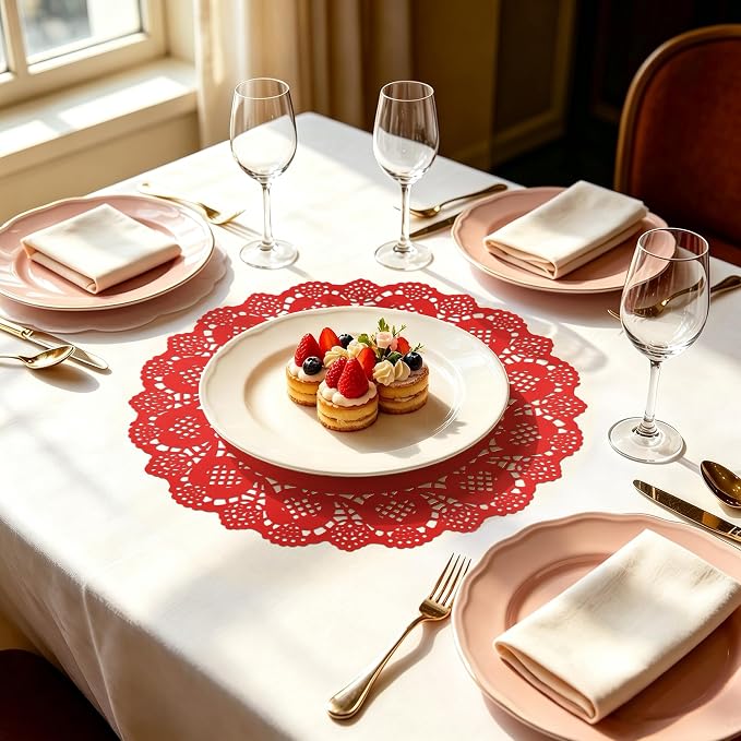 MCEAST 100 Pack Round Red Paper Doilies 13.5 Inches Lace Paper Place Mats Rustic Scallop Doily Disposable Table Pads for Food Cakes Crafts Party Weddings Tableware Decor