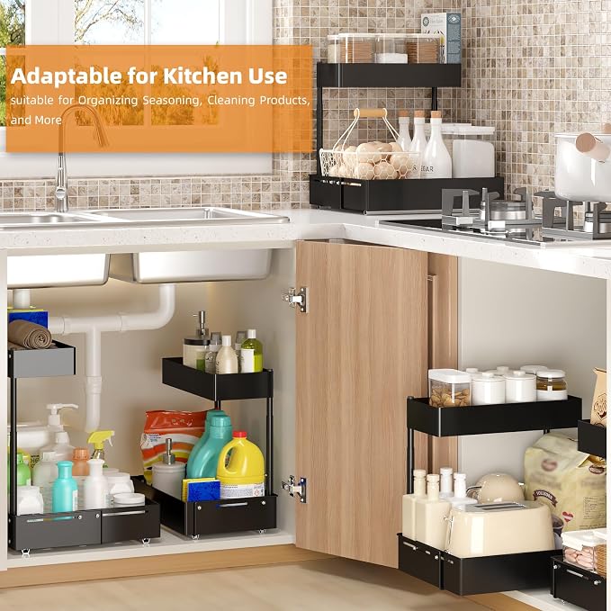 2 Tiers Metal Under Sink Organizer with Adjustable Height and Width, 2 Pack | Thickened Metal Pull Out Under Cabinet Organizer to Tidy, Sturdy Sliding Storage Shelf for Kitchen, Bathroom and Laundry