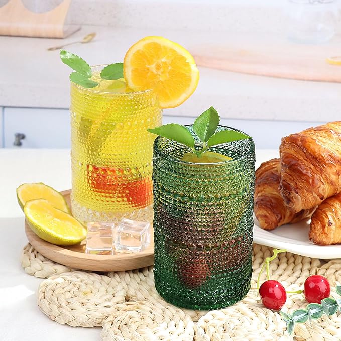 Hobnail-Drinking Glasses 13oz Vintage Glassware Sets Cocktail Juice Glasses Set of 6, Blackish Green