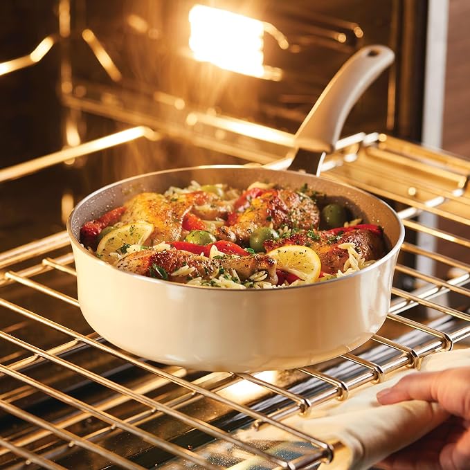 Rachael Ray Cook + Create Nonstick Sauté Pan with Lid, 3 Quart - Almond