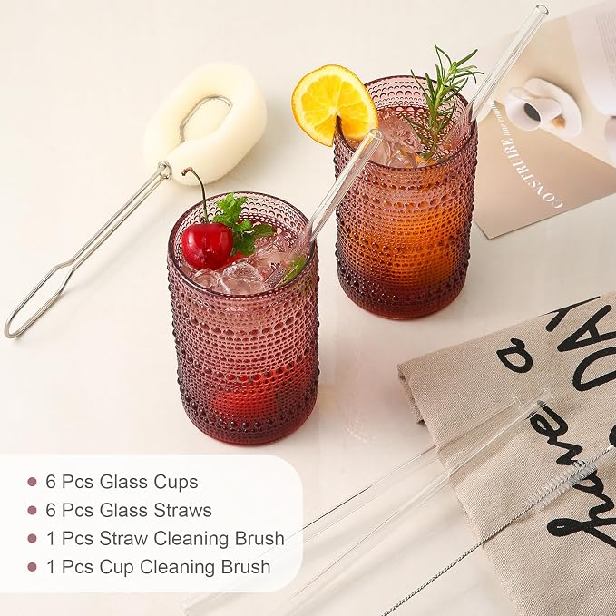 ZMOWIPDL Drinking Glasses Set of 6,15 oz Purple Hobnail Glass Cups | Vintage Glassware，Embossed Water Tumbler,for Beer,Cocktail,Whiskey,Juice and Various Mixed Drinks- 1 Cleaning Brush