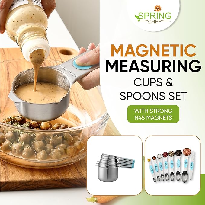 Spring Chef Magnetic Measuring Cups & Spoons Set of 16, Patented, Aqua Sky | Stackable Stainless Steel Measuring Cups & Heavy Duty Metal Measuring Spoons with Levelers for Dry & Liquid Ingredients