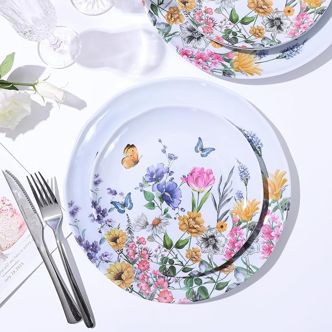 12 Piece Melamine Dinnerware Sets - Plates And Bowls Sets Floral | Dinnerware Sets- Spring Camping Dishs Indoor Outdoor Use,Flowers And Butterflies Pattern Tableware Lightweight Service for 4