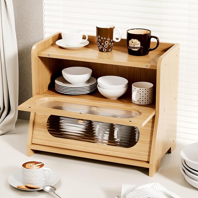 Bread Box,Extra Large 2-Tier Bamboo Bread Box for Kitchen Countertop,Bread Storage Container with Magnetic Acrylic Door for Homemade Bread,Under Cabinet,Pantry Organizer(Natural)