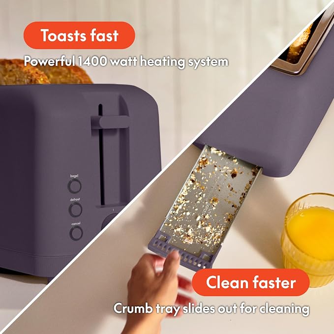 bella Fits-Anywhere™ Slim Toaster, 4 Slice Extra Long & Wide Slot, Plum