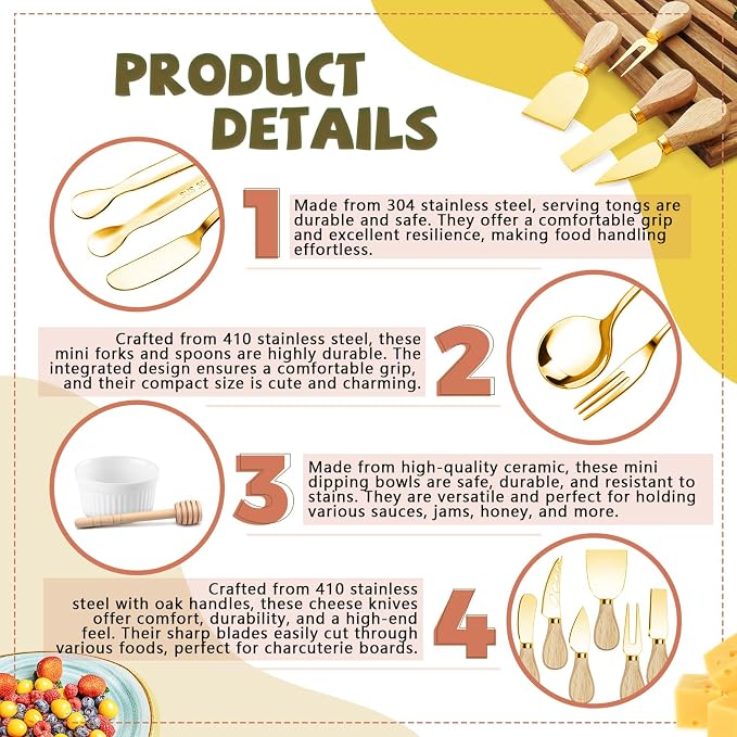 Charcuterie Boards Accessories Gold Charcuterie Utensils Cheese Butter Spreader Knife Set Small Serving Tongs Forks and Spoons Dipping Bowls Honey Dippers Toothpick Flags for Party Platter Making