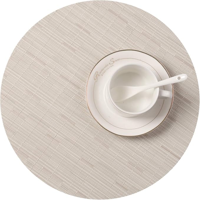 SHACOS Round Table Placemats Set of 7 Wedge Shaped Place Mat with Centerpiece Circle Mat Heat Resistant Small Round Table Mats Washable (7, Beige)