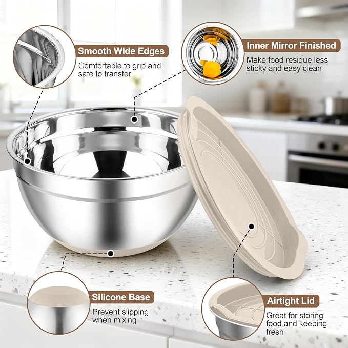 TeamFar Mixing Bowls, Stainless Steel Salad Bowls with Lids - Khaki | Nesting Bowls with Non-slip Bottom, for Kitchen Baking Preparing Serving, Stackable & 6PCS - 4.6 /2.6 /2 / 1.5 /1 / 0.7 Qt