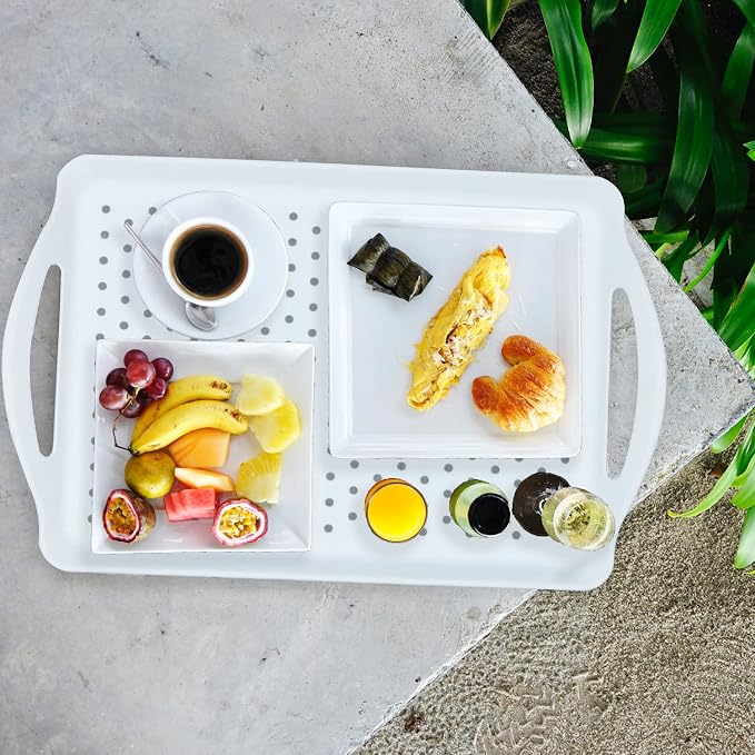 ECOIOU Non Slip Food Serving Tray with Handles, White | 2-Pack Rectangle Anti-Slip Non-Toxic Dishwasher Safe Tray for Snack Fruit Dessert Breakfast Drink