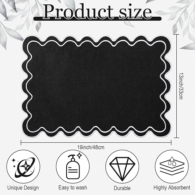 HunnmingRe Black with White Set of 6 Cotton Linen Wedding Placemats, 13x19 Inch Scalloped Wavy Embroidery Placemat Double Layered Washable Rustic Rectangle Dinner Table Mat for Home Decor